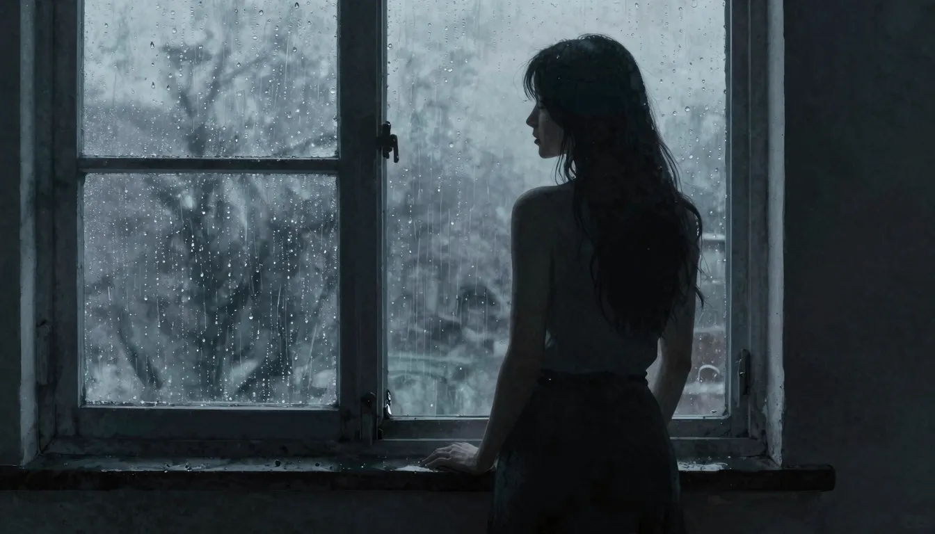 Watercolor style. Dark moody scene, silhouette of a woman st...