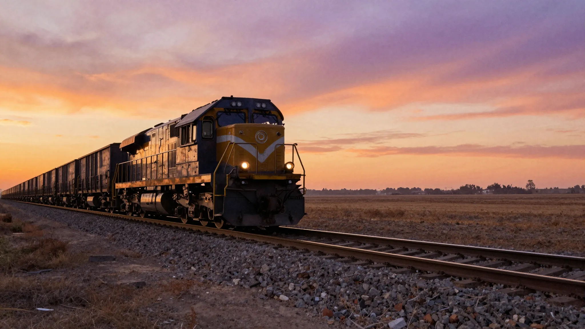 Watercolor style. Silhouette of a powerful diesel locomotive...