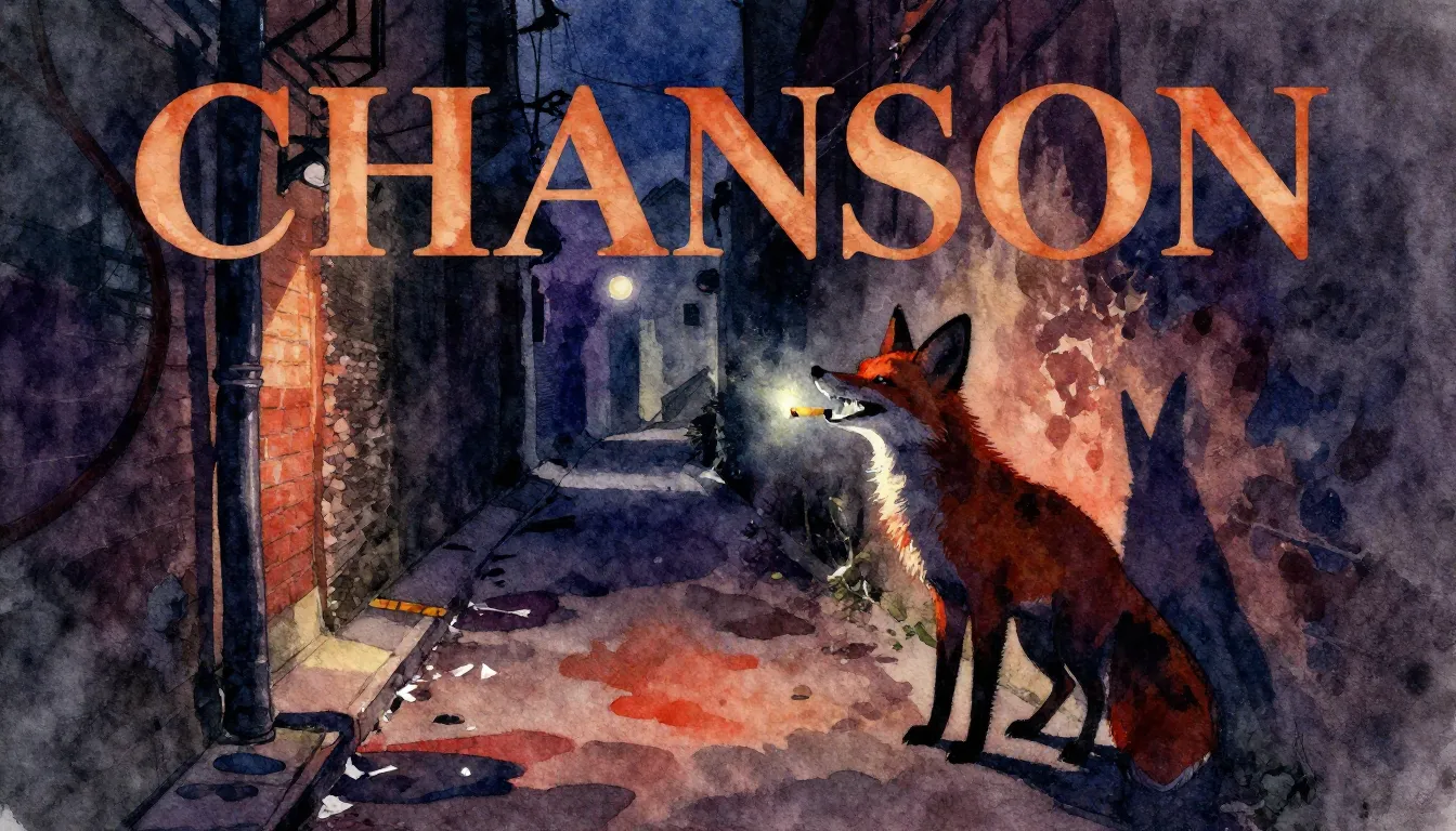 Vibrant watercolor style. Chanson album cover, dark alley, a...