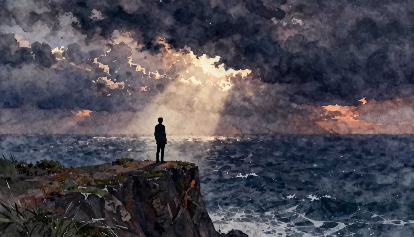 Watercolor style. A lone silhouette stands on a cliff overlo...