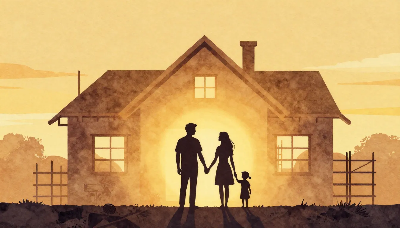 Watercolor style. A silhouette of a couple and a small child...