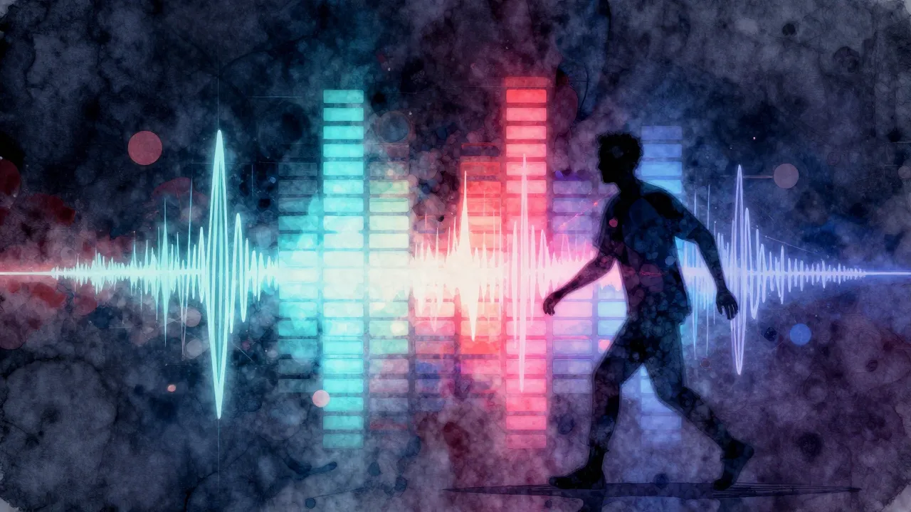 Watercolor style. Abstract neon sound waves, glowing equaliz...