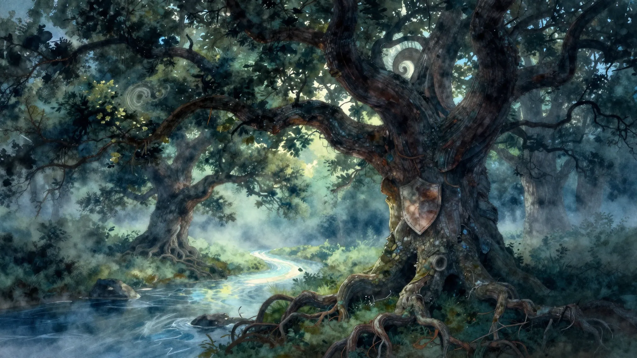 Vibrant watercolor style. A dark, misty forest at twilight, ...
