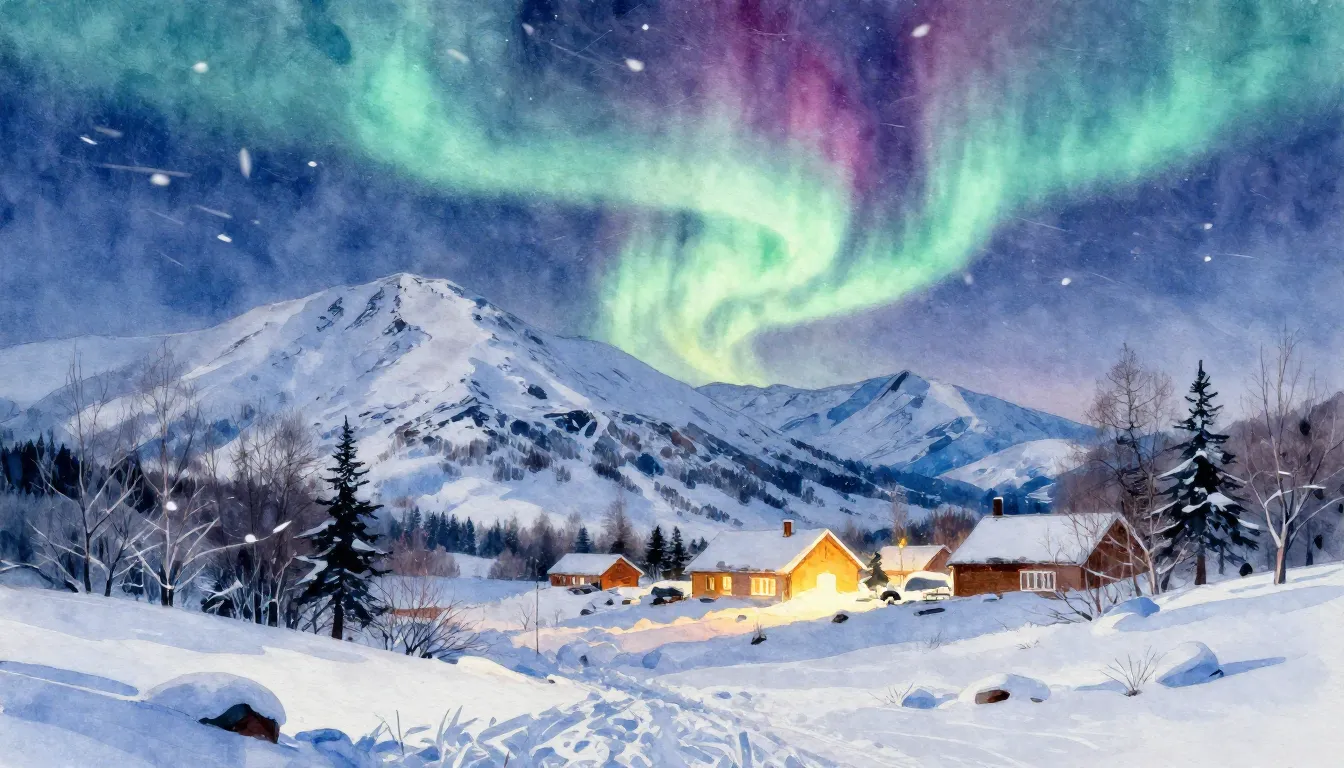 Vibrant watercolor style. Winter landscape, snow-covered mou...