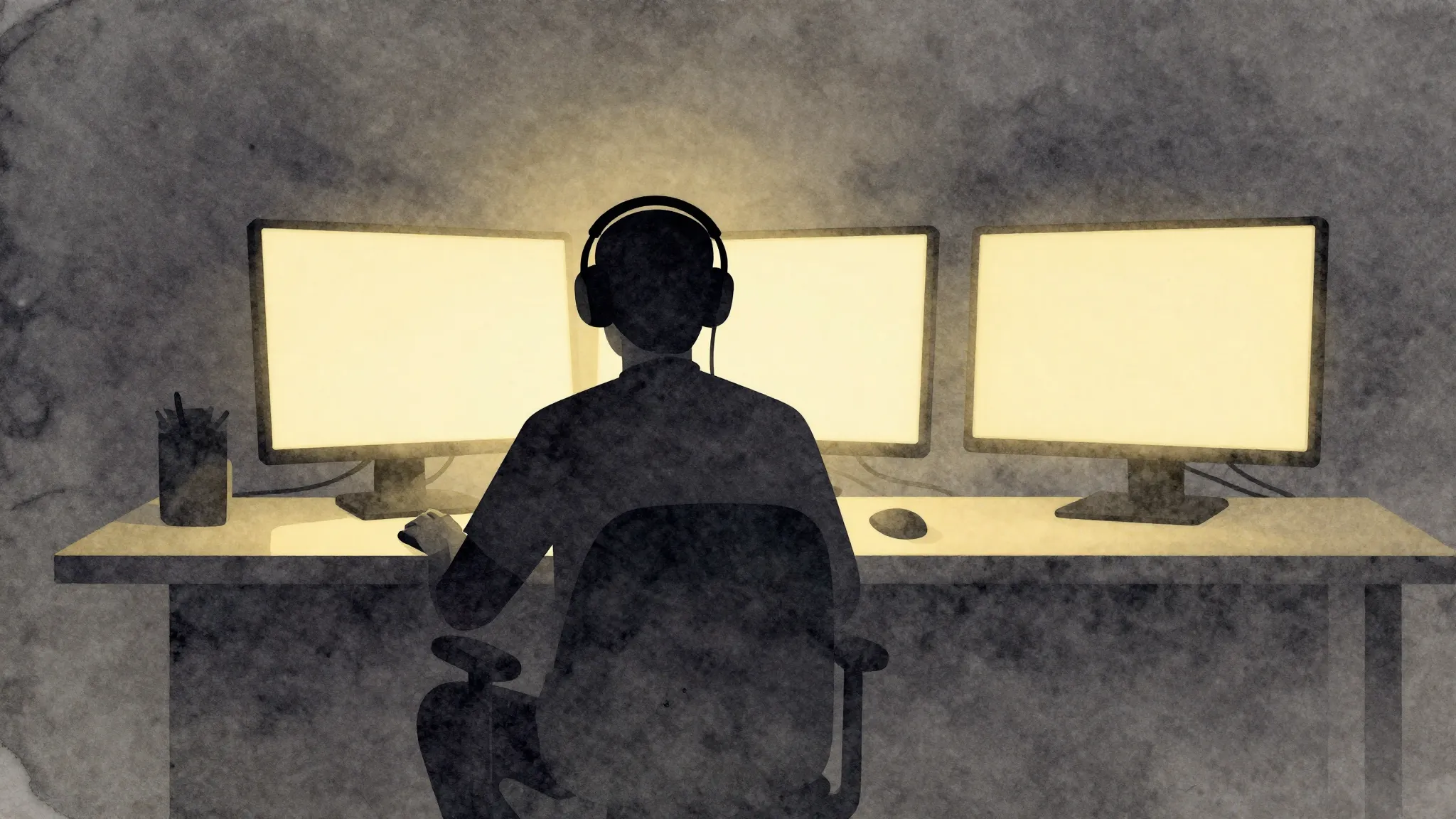 Watercolor style. Stylized silhouette of a gamer sitting in ...