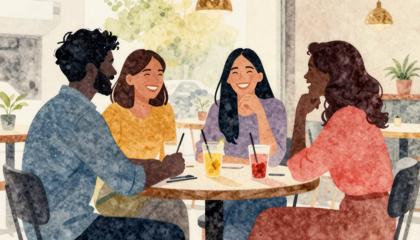 Watercolor style. Silhouettes of friends sitting around a ta...