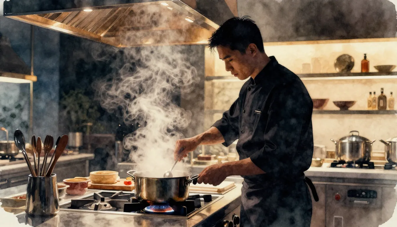 Watercolor style. A dark silhouette of a chef in a modern hi...