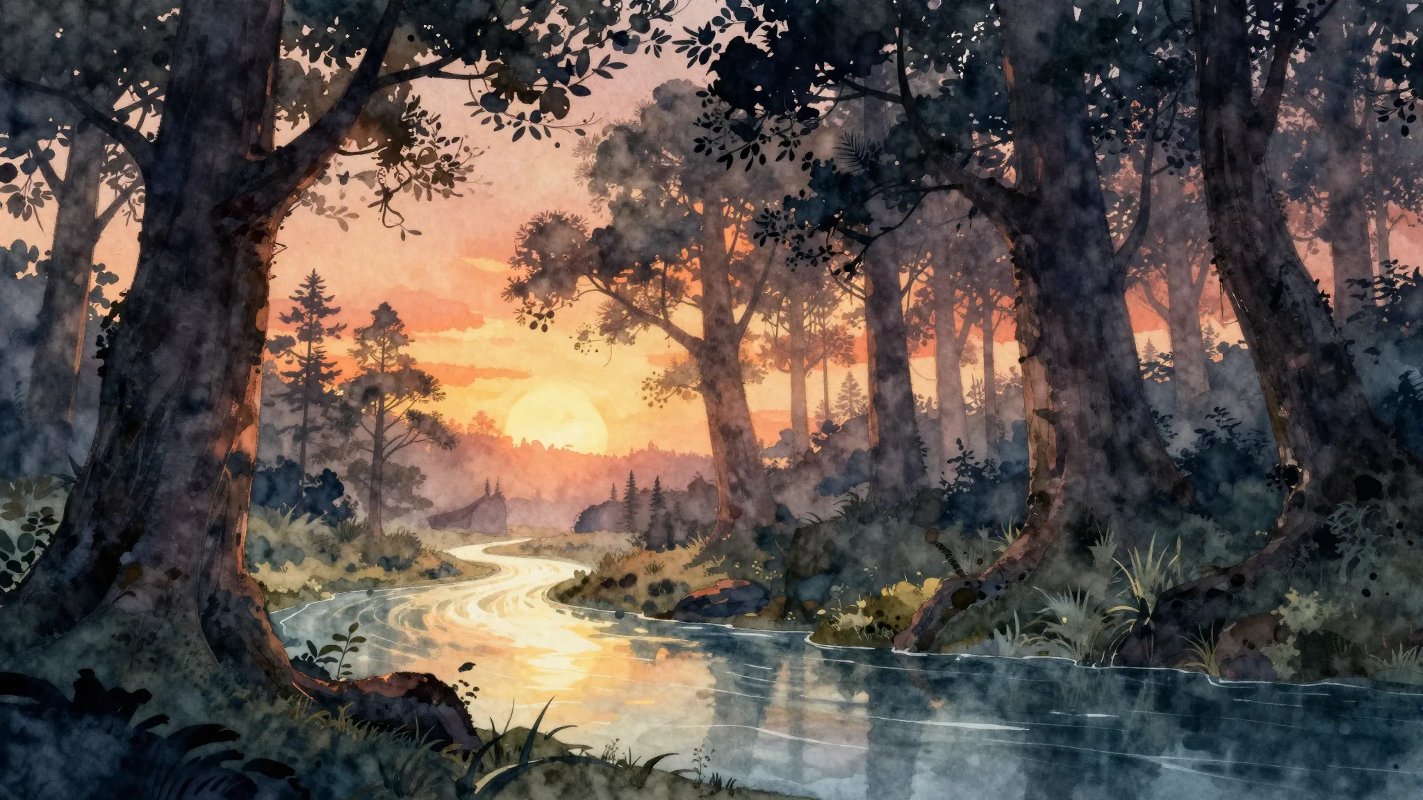 Watercolor style. A magical ancient forest at sunset, silhou...