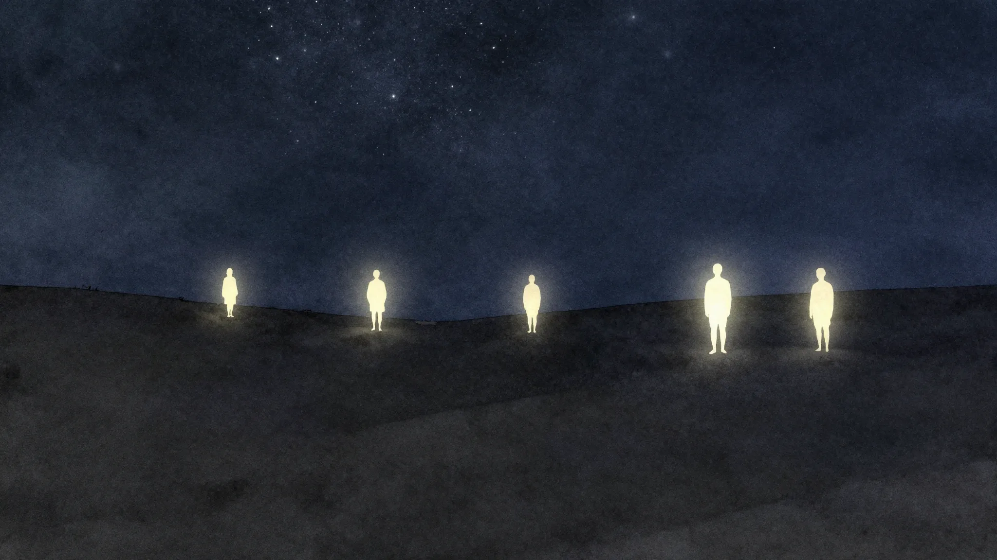Watercolor style. A dark landscape with glowing silhouettes ...