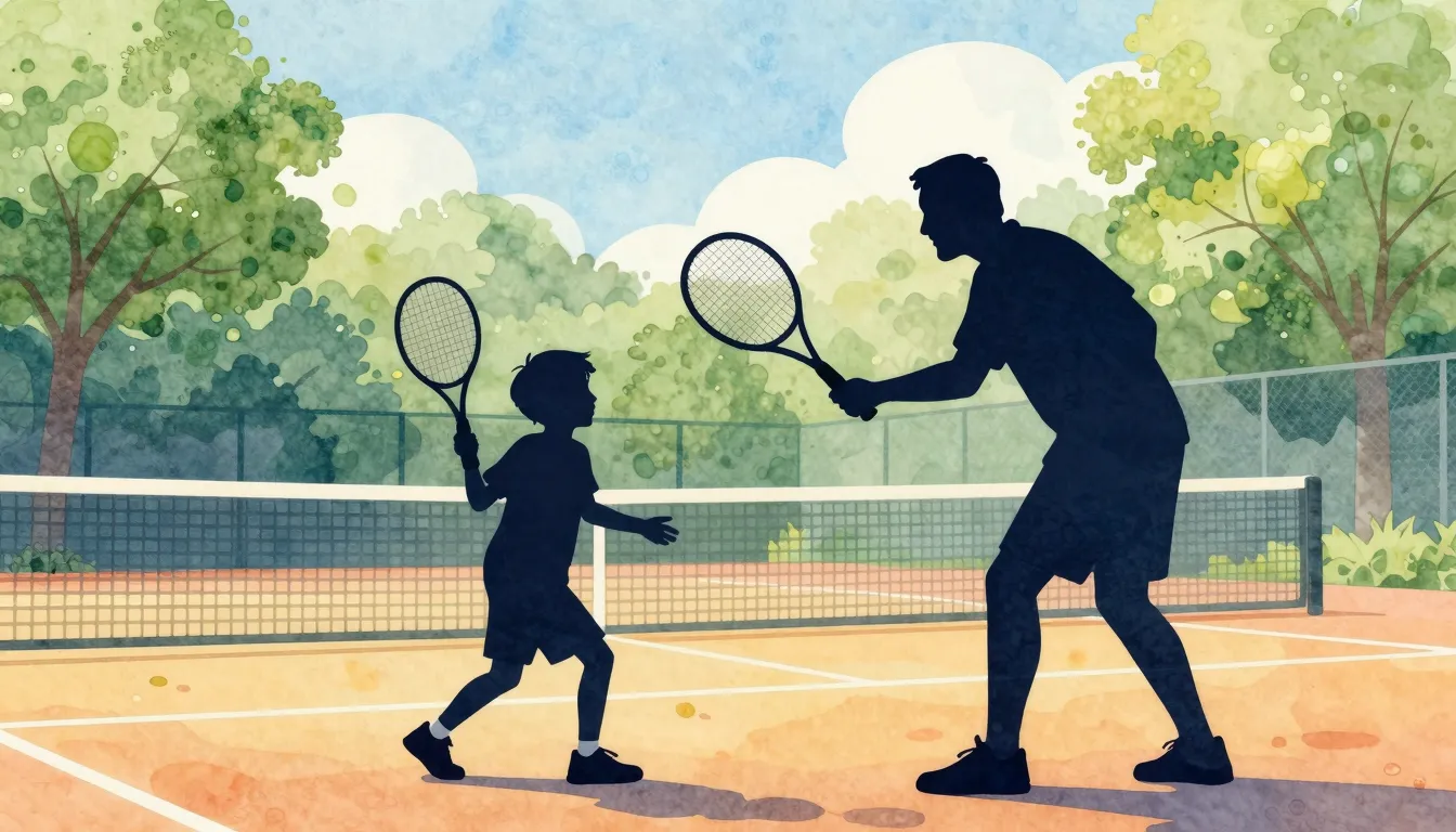 Watercolor style. Silhouettes of a grandfather teaching a li...