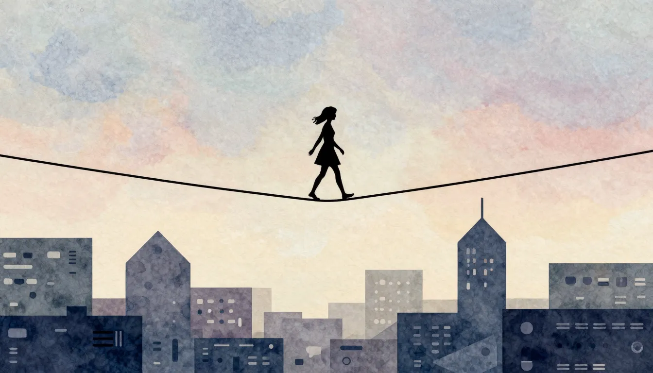 Watercolor style. A silhouette of a girl walking on a tightr...