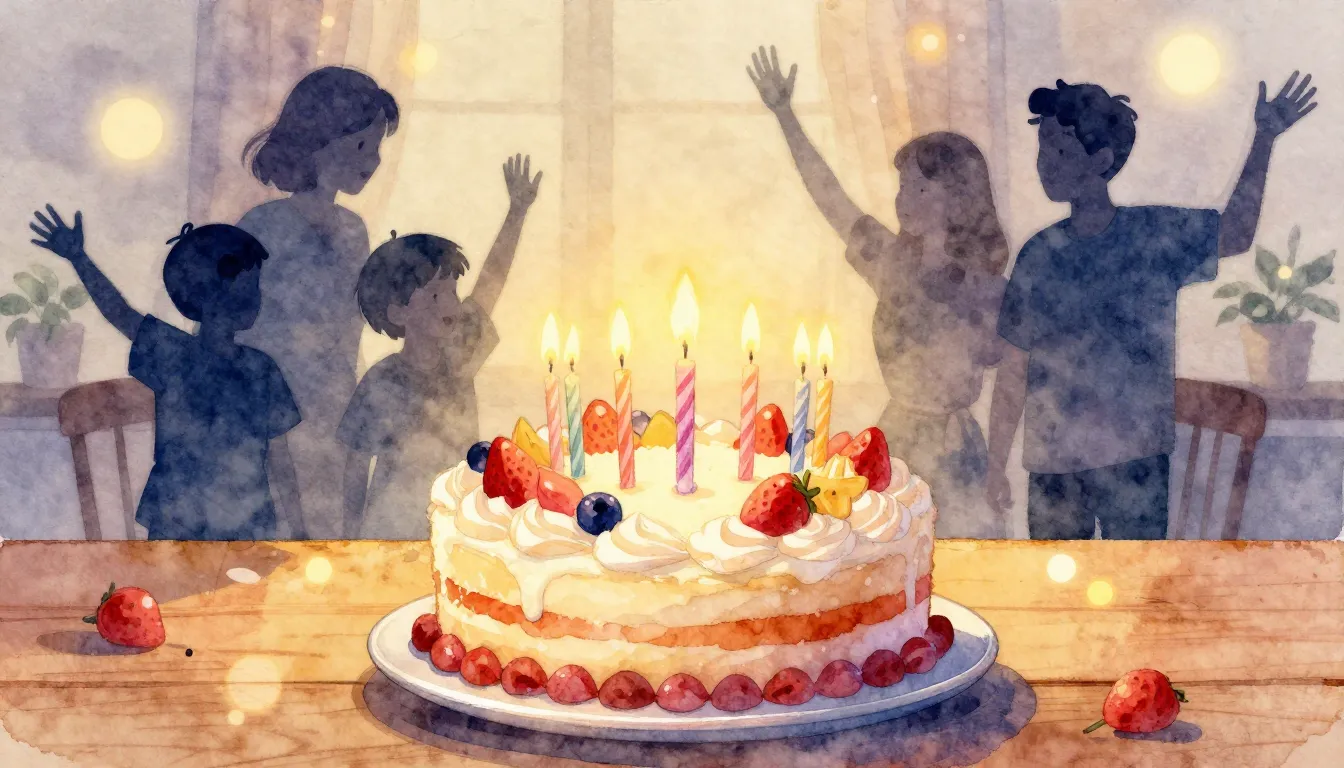 Watercolor style. A large festive birthday cake with candles...