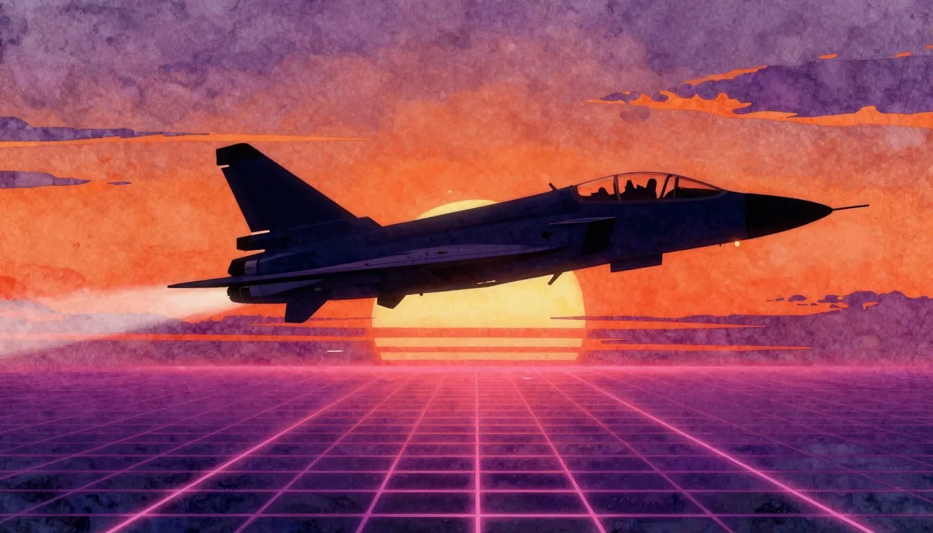 Watercolor style. Silhouette of a sleek jet plane soaring th...