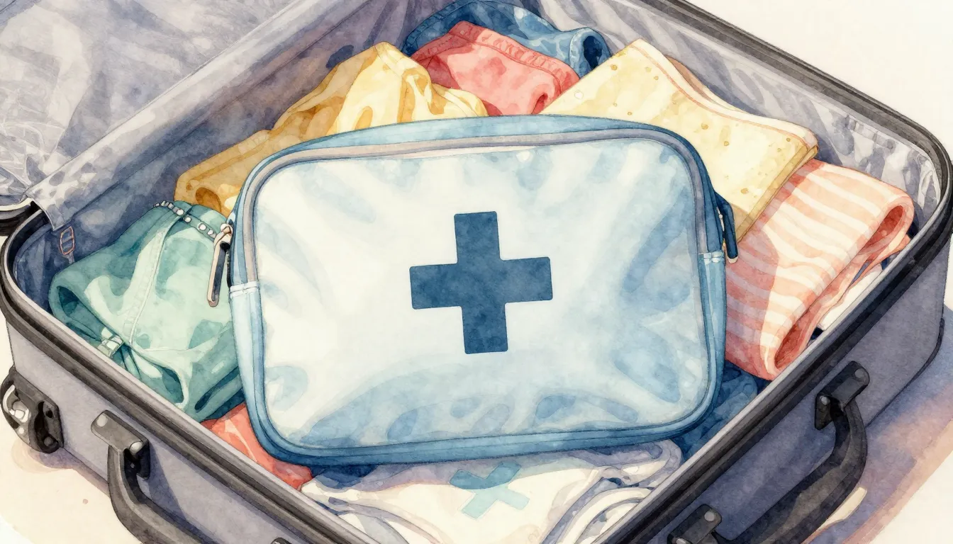 Watercolor style. A small medical pouch with a simple medica...