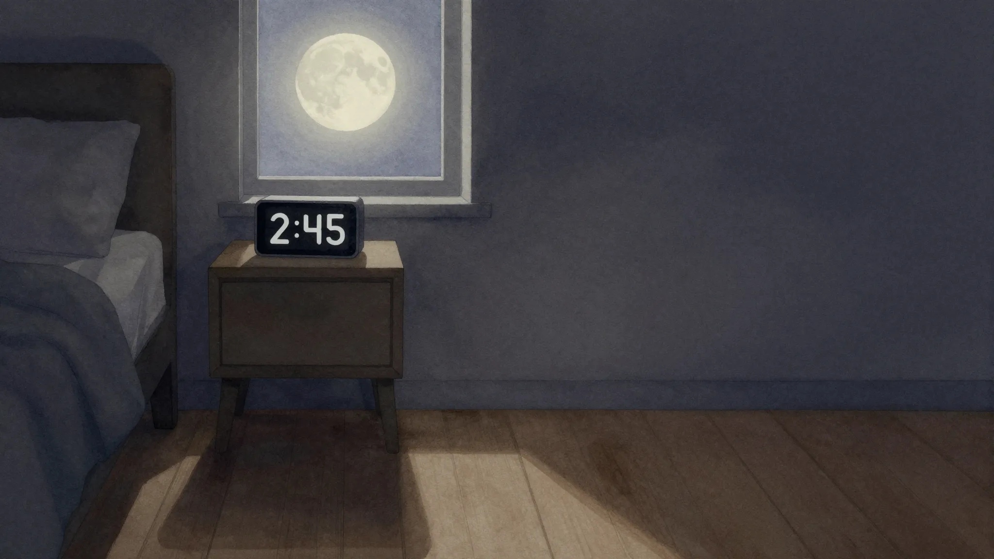 Watercolor style. A digital clock on a bedside table showing...