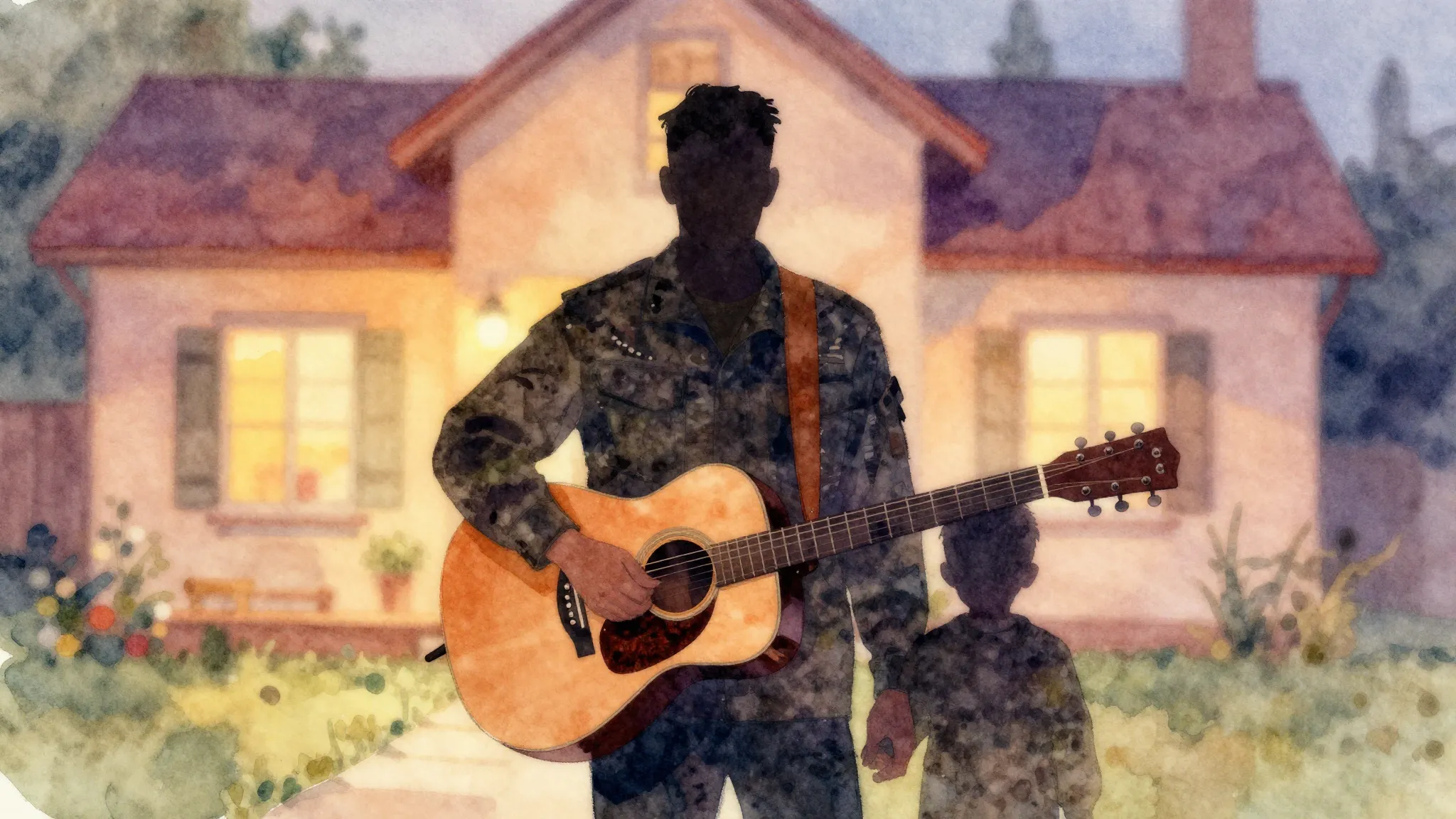 Vibrant watercolor style. Acoustic folk song cover art: A si...