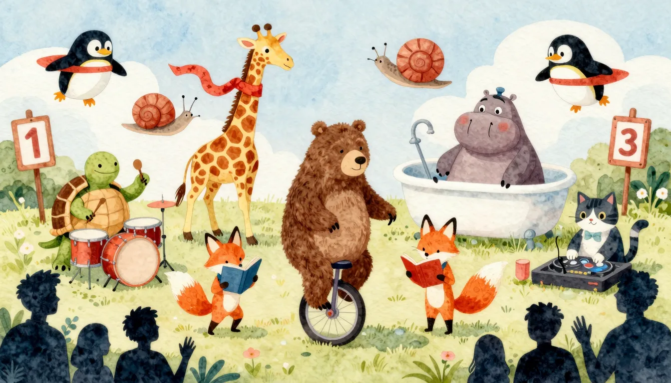 Watercolor style. A surreal, vibrant scene with animals doin...