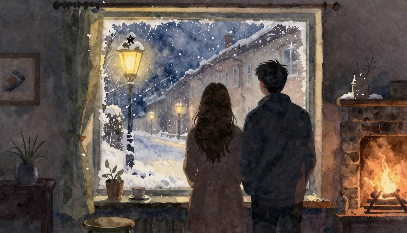 Watercolor style. A silhouette of a couple looking out a fro...