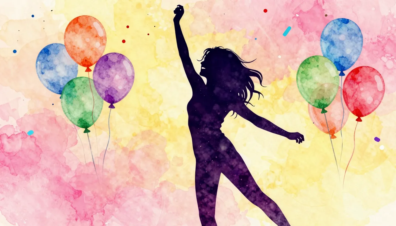 Watercolor style. A silhouette of a happy woman dancing amon...