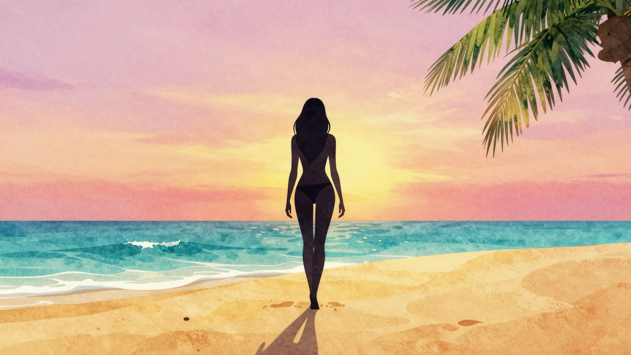 Watercolor style. A stylish silhouette of a woman standing o...