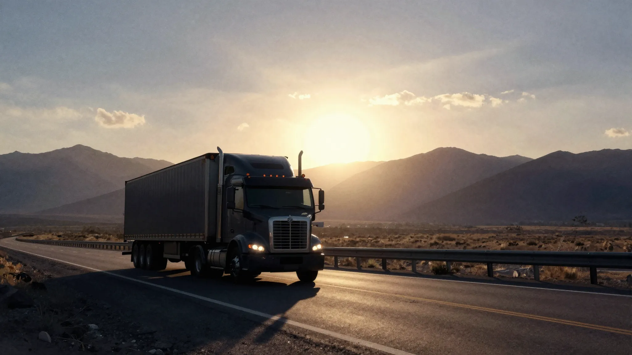 Watercolor style. Silhouette of a large semi-truck driving o...