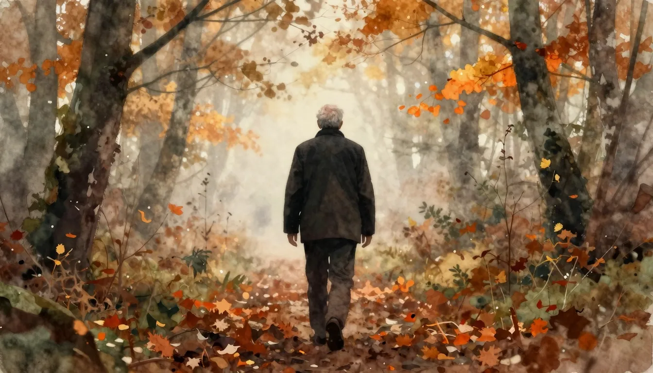 Watercolor style. A silhouette of an older man walking away ...