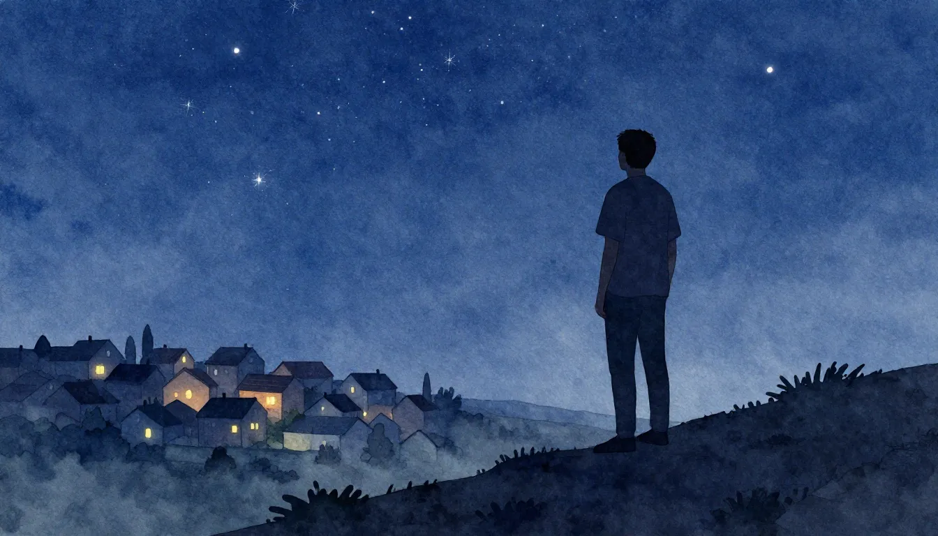 Watercolor style. Silhouette of a man standing on a high hil...