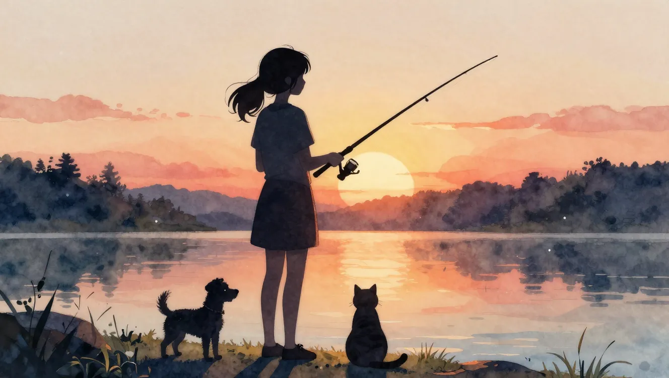 Watercolor style. Silhouette of a girl with a small dog and ...