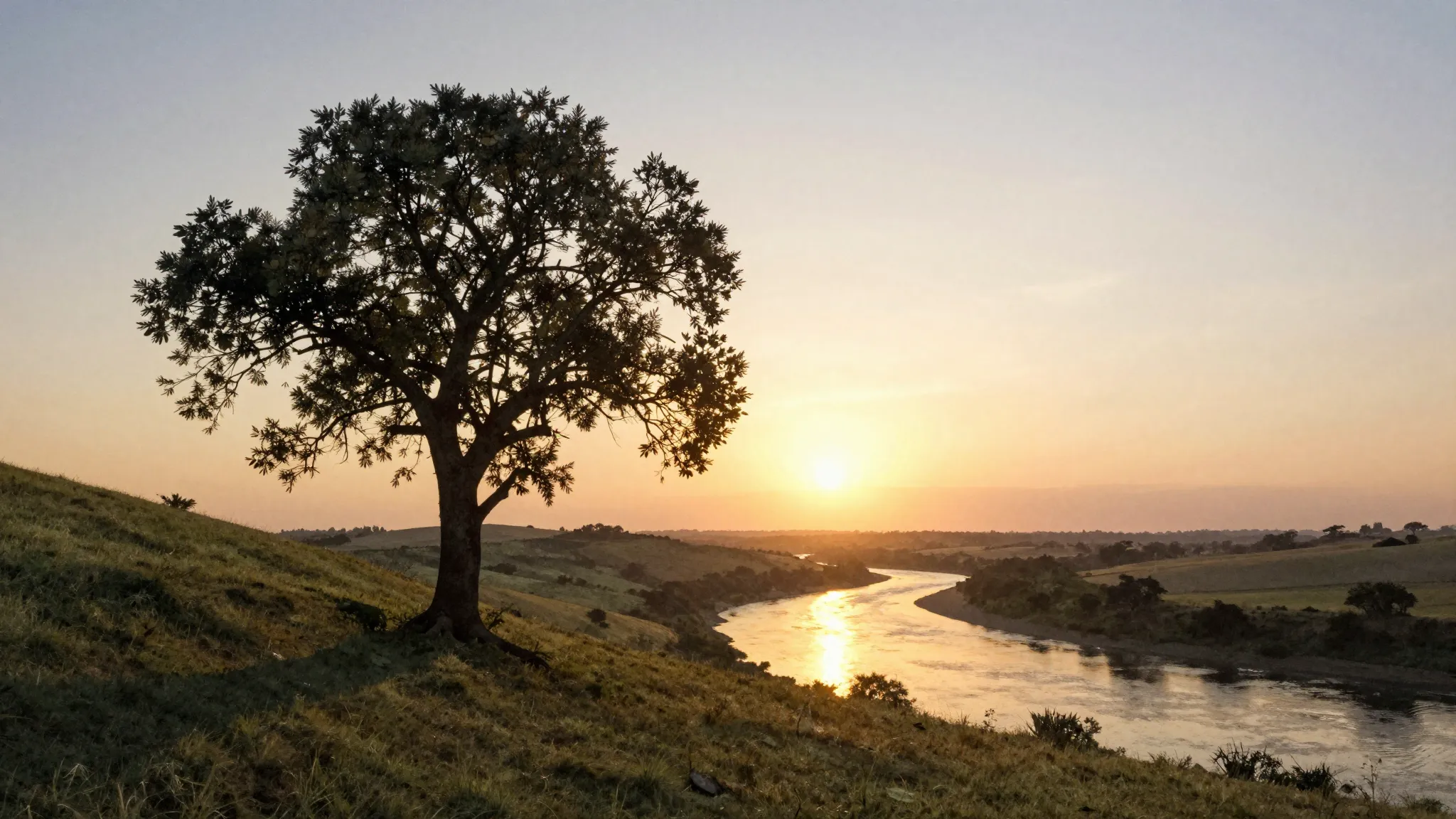 Watercolor style. A silhouette of a tree on a hill at sunset...