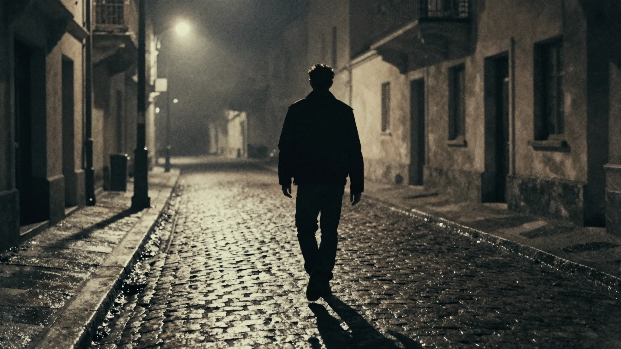 Watercolor style. A lone silhouette of a man walking away do...