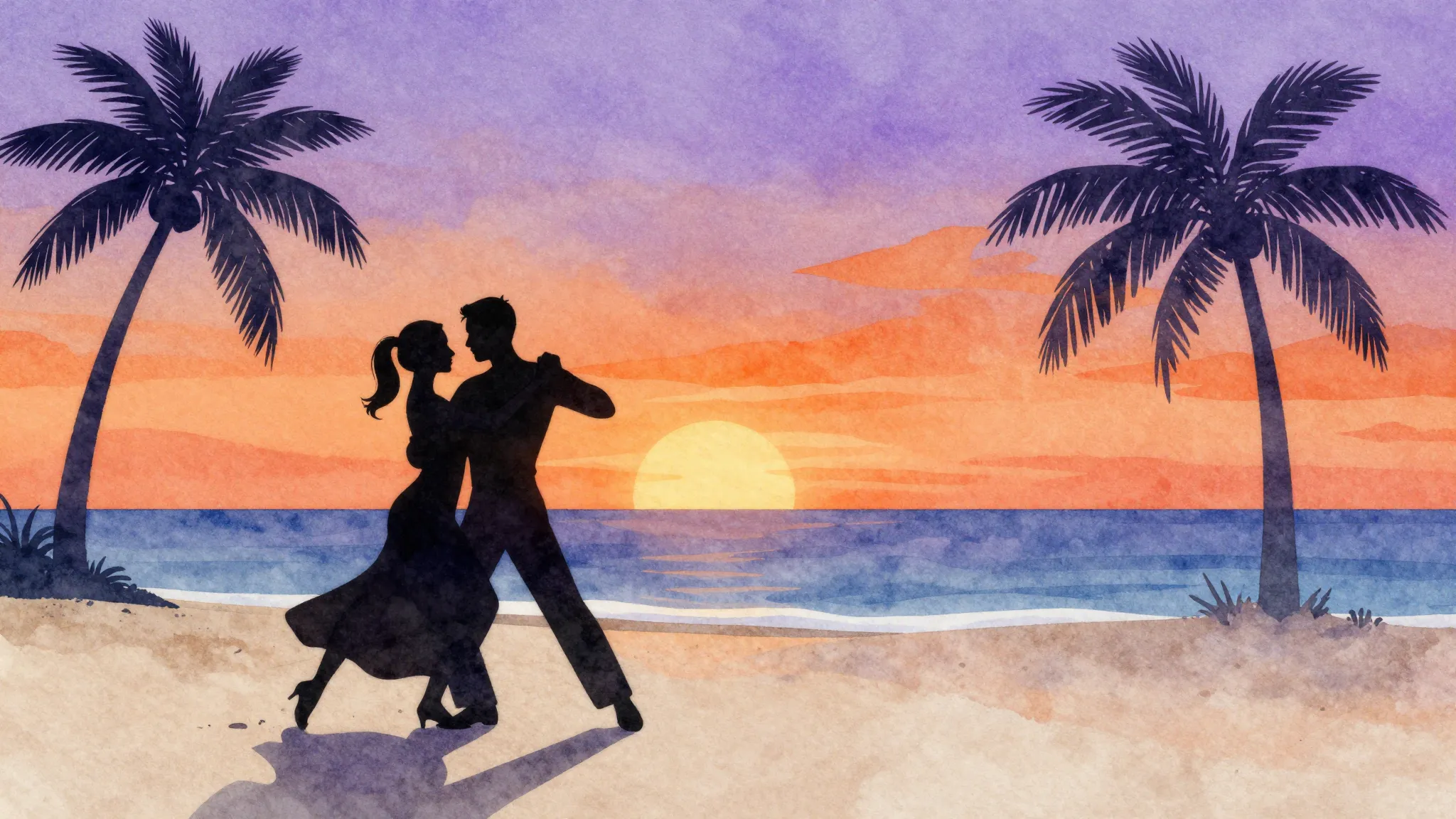 Watercolor style. Silhouette of a couple dancing salsa on a ...