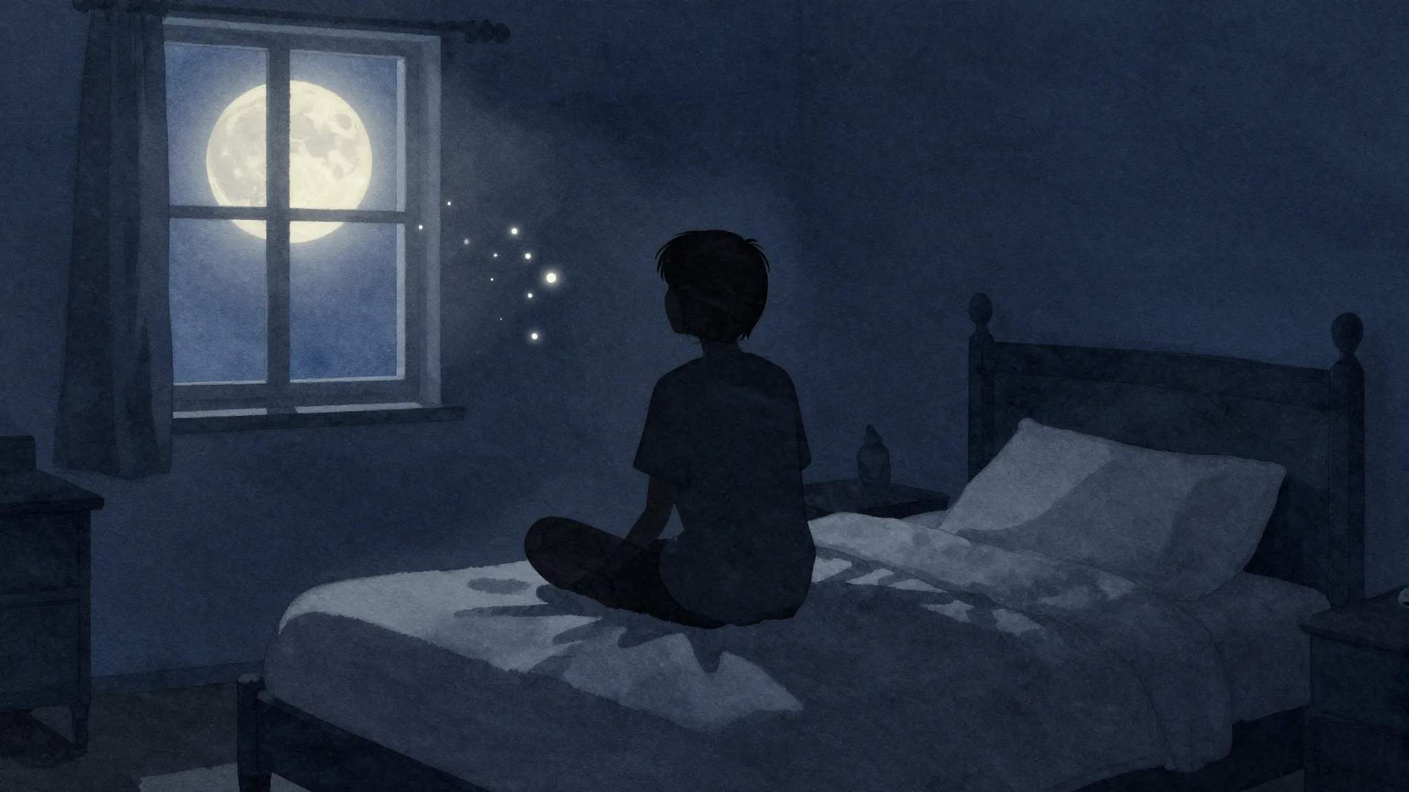 Watercolor style. Silhouette of a person sitting on a bed in...