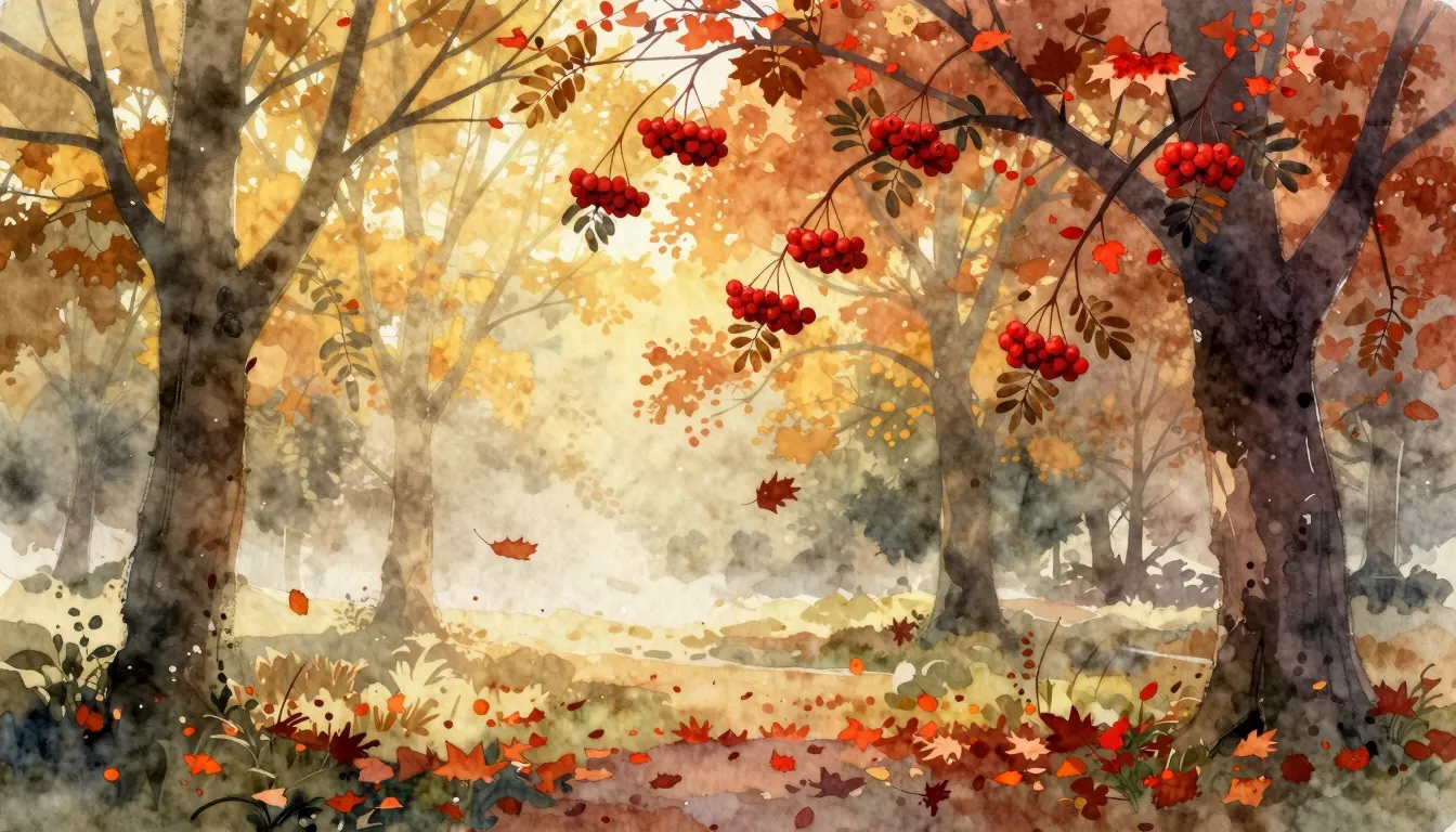 Watercolor style. Autumn park with falling leaves, silhouett...