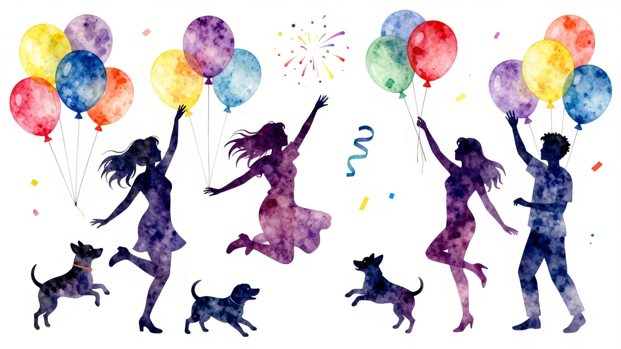Watercolor style. Silhouettes of a birthday party, balloons,...
