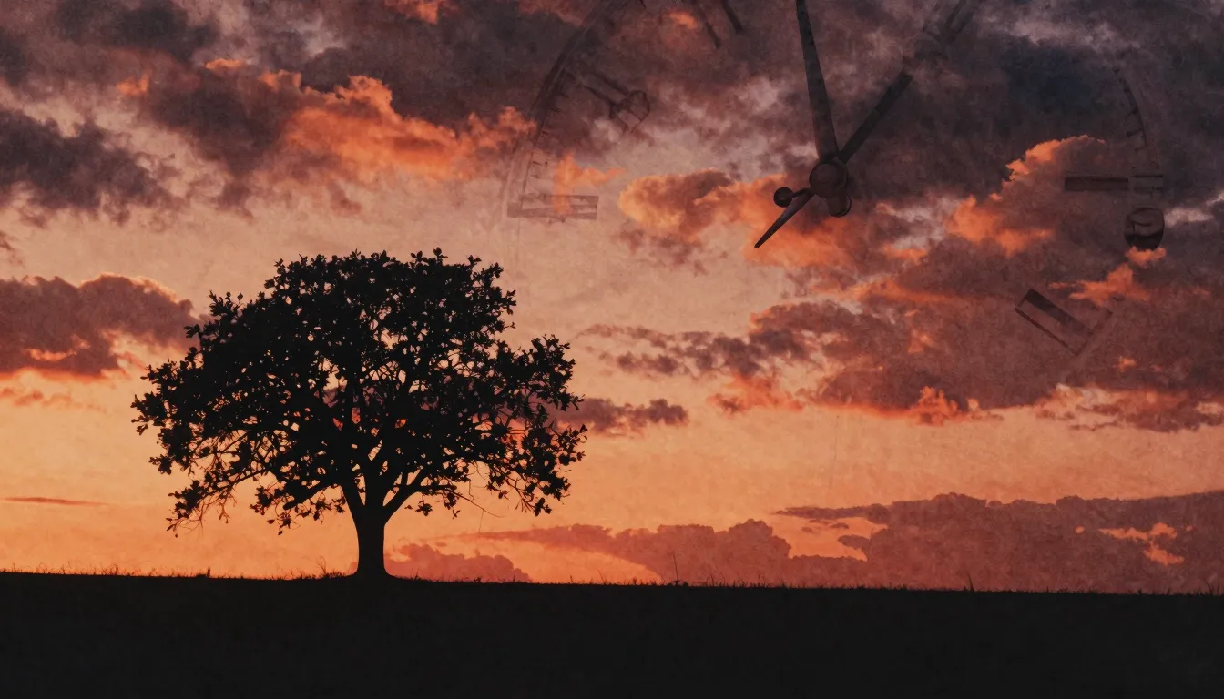 Watercolor style. A silhouette of a lonely tree against a su...