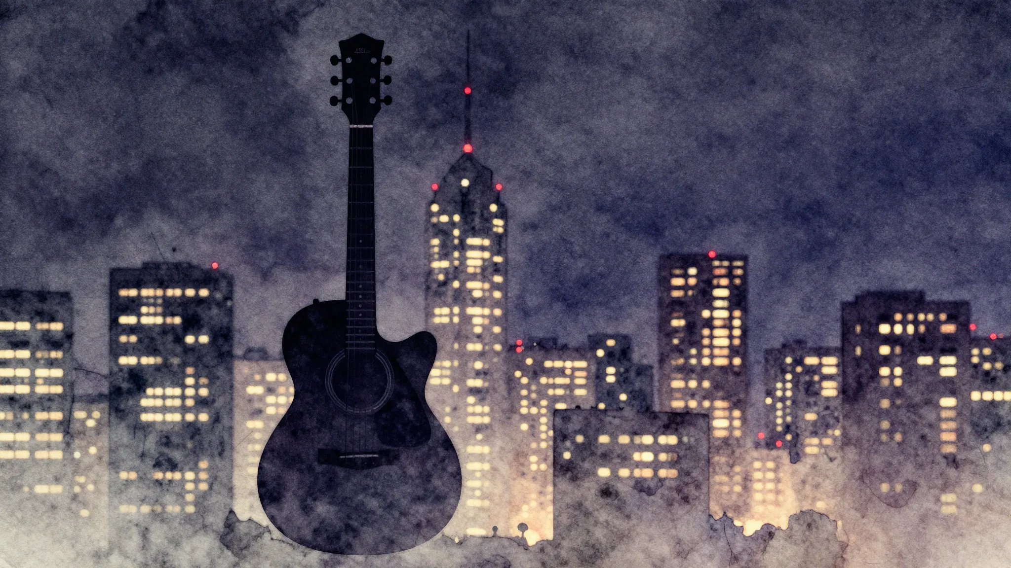 Watercolor style. Silhouette of a guitar against a night cit...