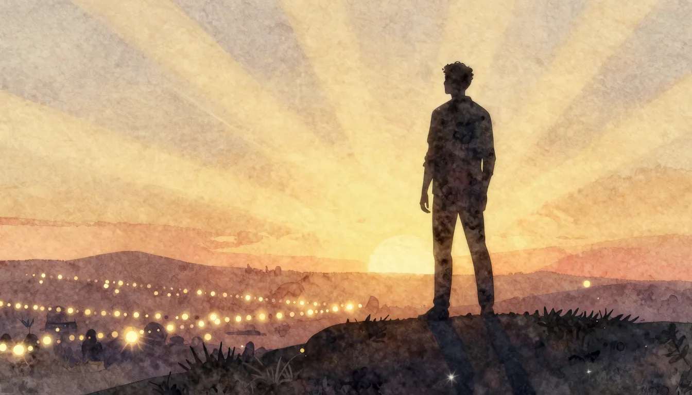 Watercolor style. A silhouette of a man standing on a hill d...