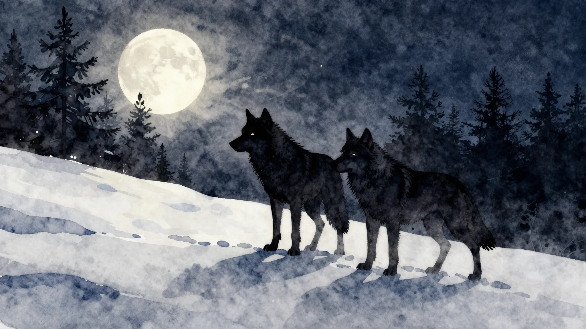 Watercolor style. Silhouette of two wolves standing together...