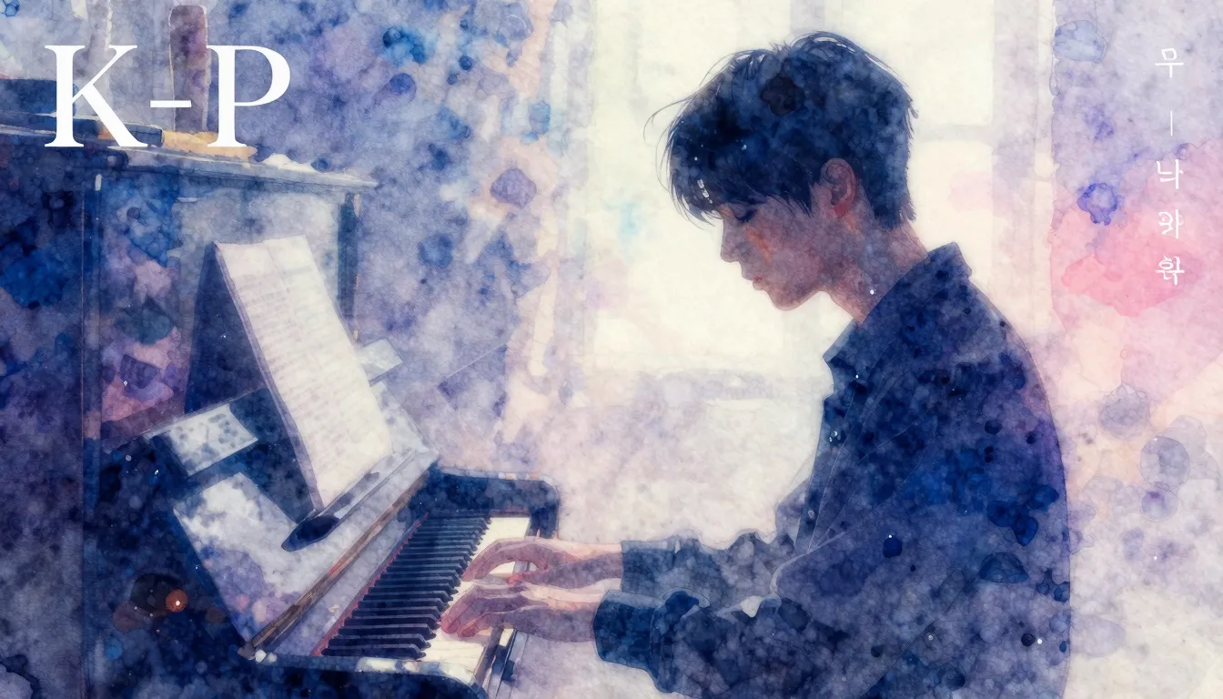 Vibrant watercolor style. K-Pop album cover, sad, melancholi...
