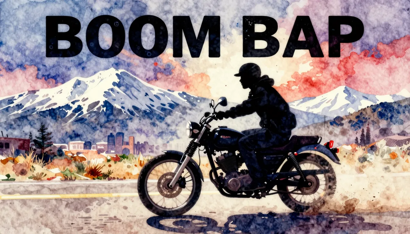 Vibrant watercolor style. Boom Bap rap album cover: A silhou...