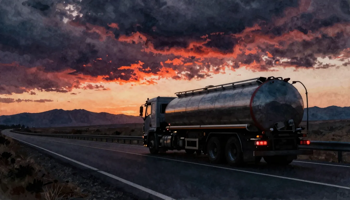 Watercolor style. Silhouette of a large fuel truck driving o...