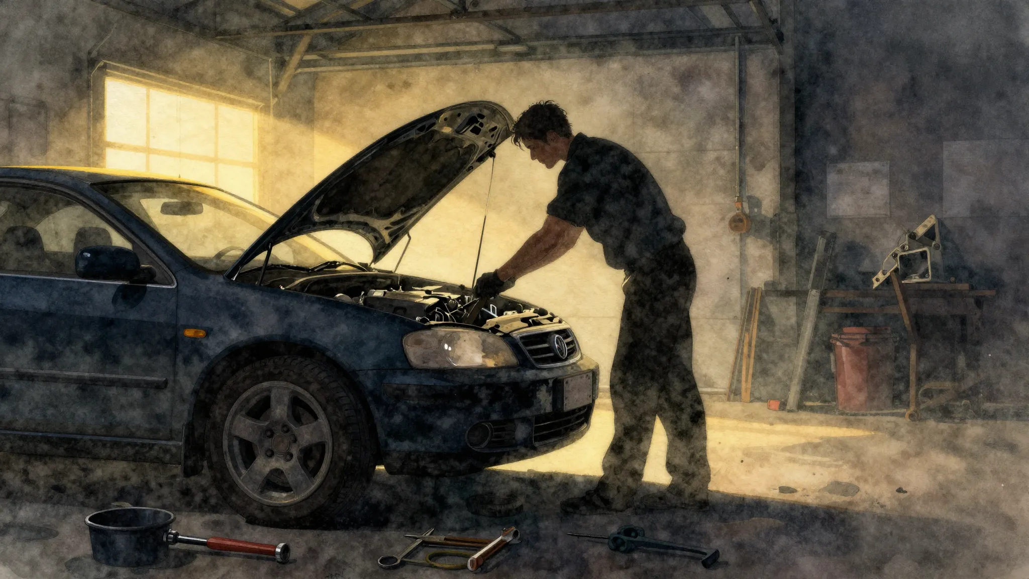 Watercolor style. A silhouette of a man repairing a car in a...