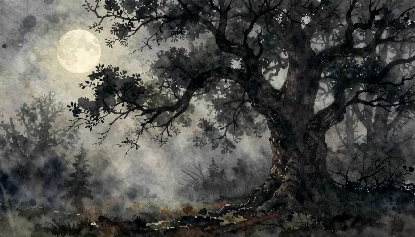 Watercolor style. A dark silhouette of an ancient twisted tr...