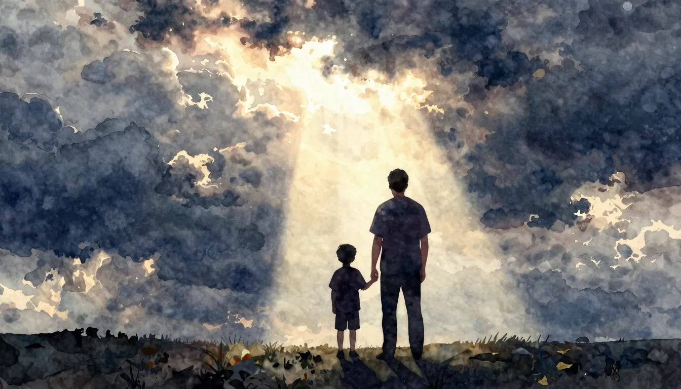 Watercolor style. A silhouette of a father and son standing ...