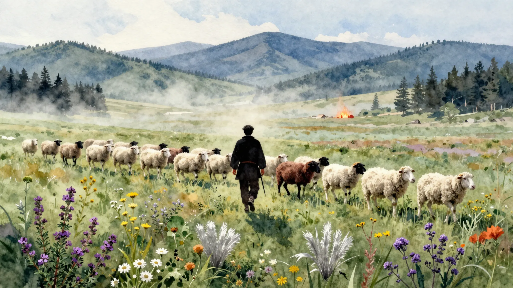 Vibrant watercolor style. Folk album cover: a vast, misty st...