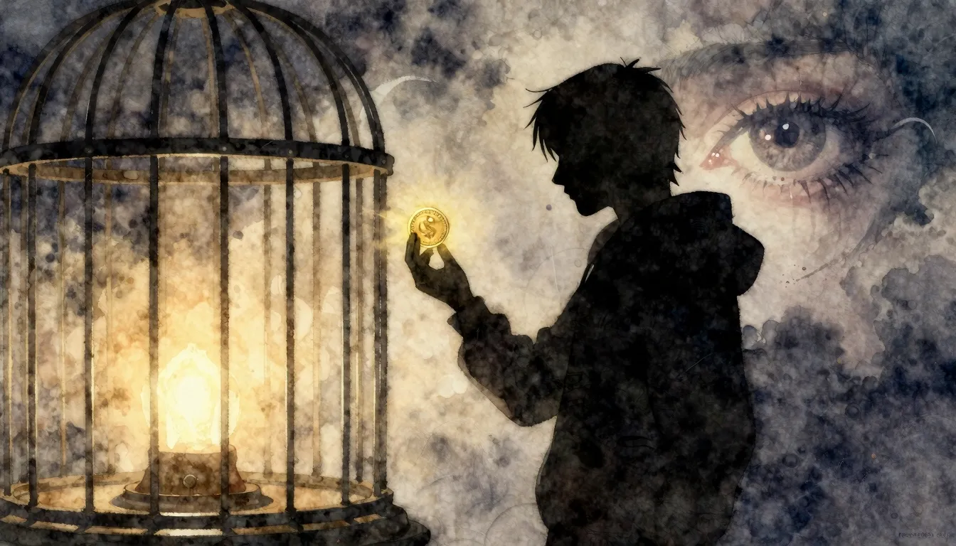 Watercolor style. A dark silhouette of a person holding a gl...