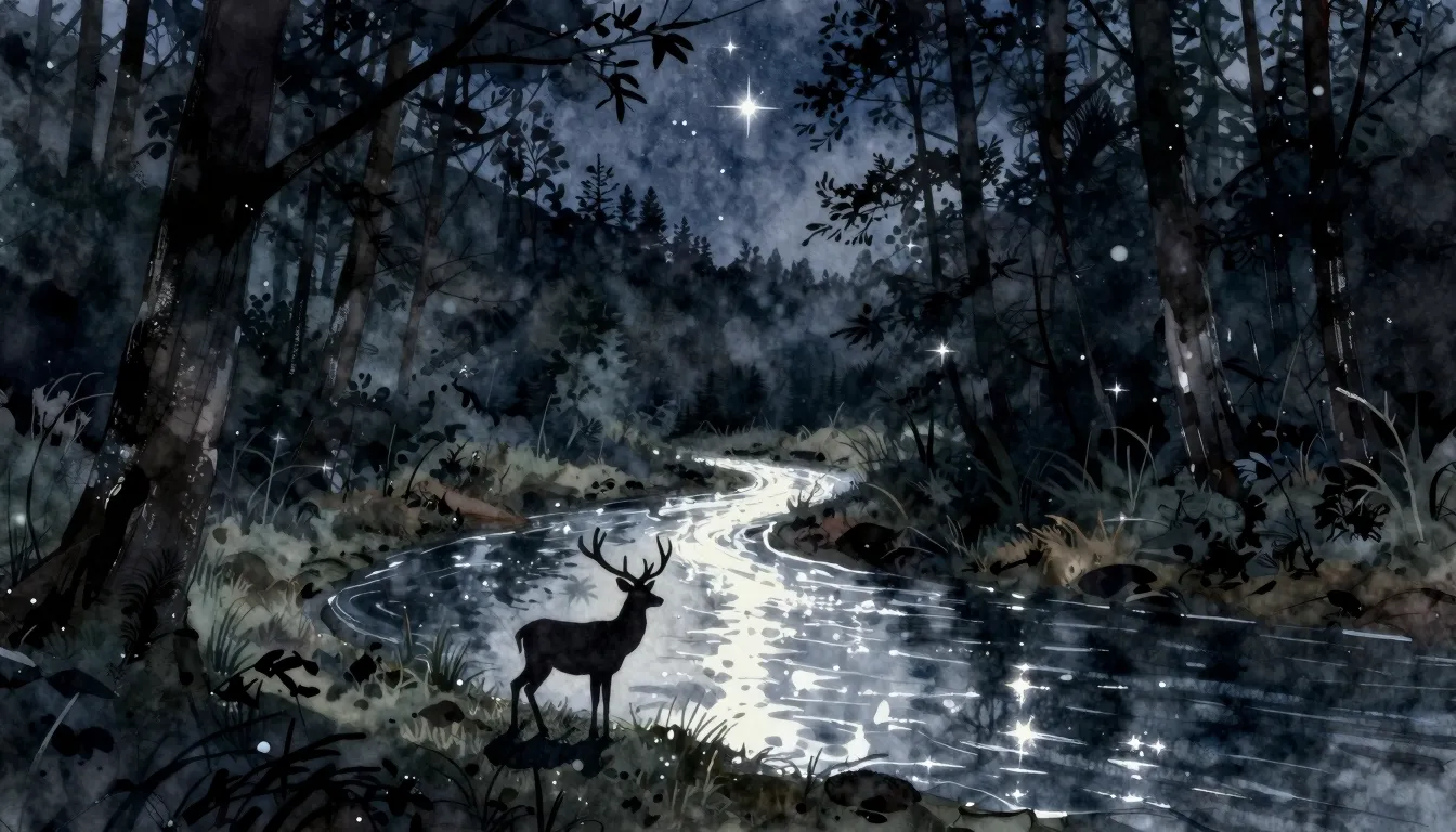 Watercolor style. A dark dense forest at night, a glowing si...