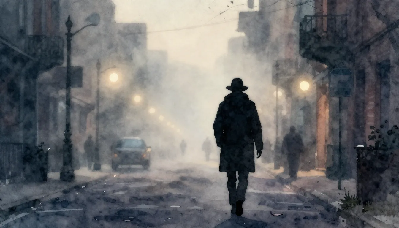 Watercolor style. Dark silhouette walking through a misty ci...