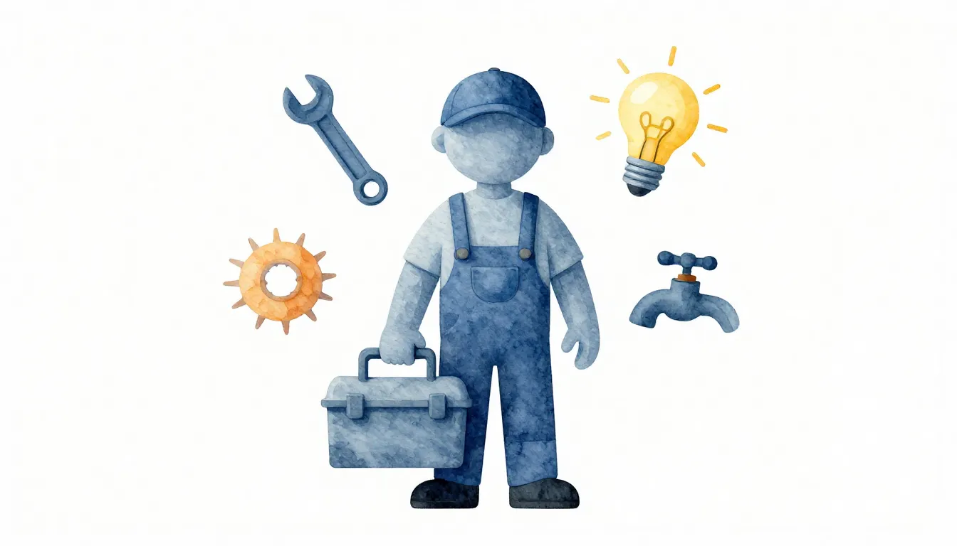 Watercolor style. A minimalist silhouette of a handyman hold...