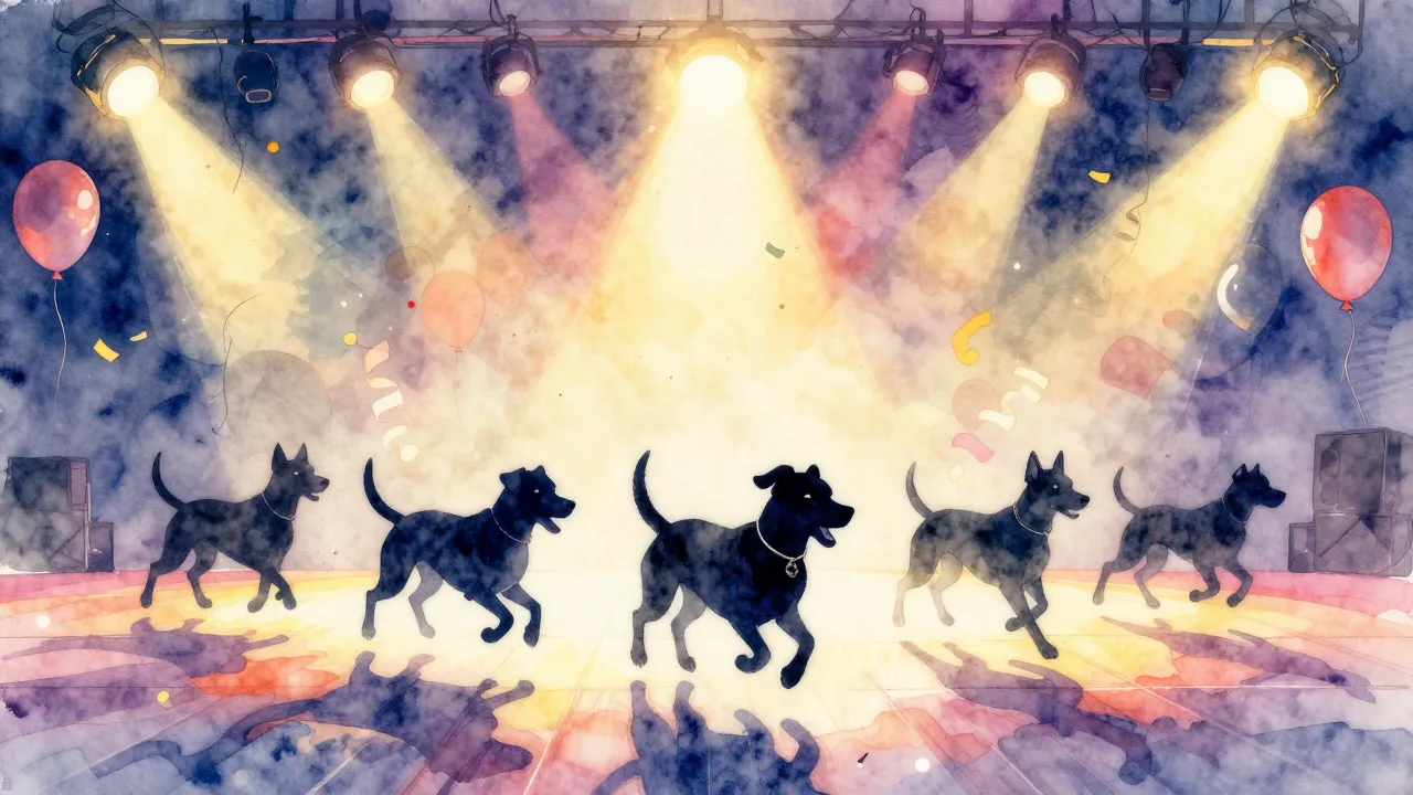Watercolor style. Silhouettes of dogs running on a dance flo...